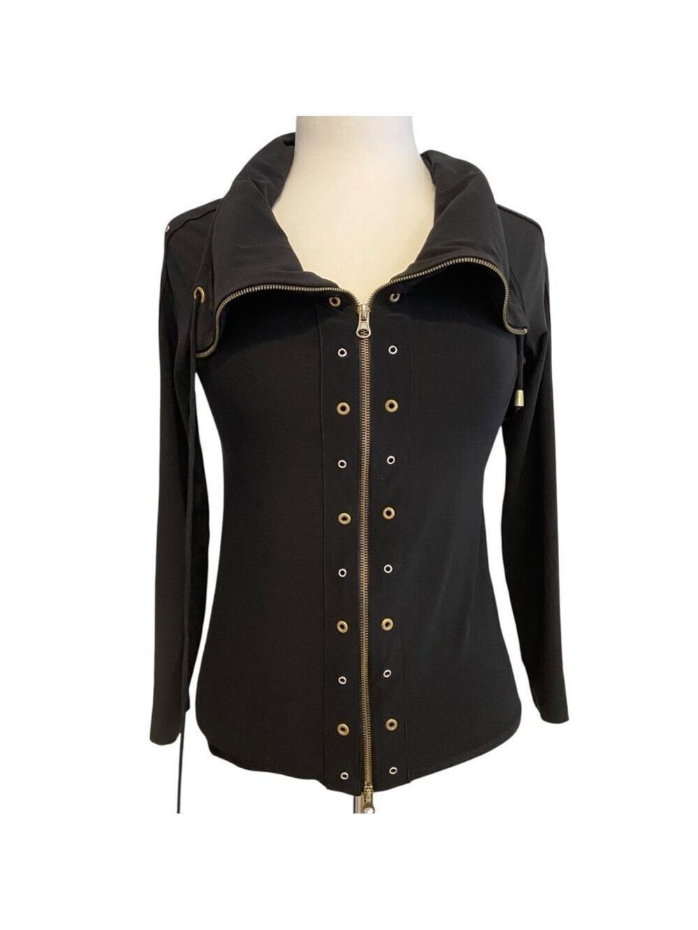 Frank Lyman Black Gold Zip Structured jersey Jacket/blazer M Modern Chic Style